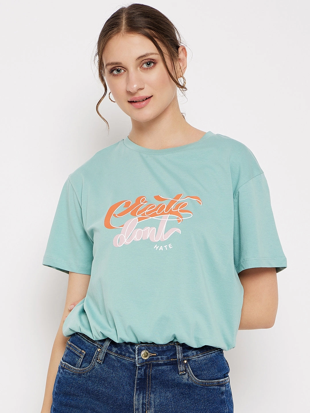 Sporty Style Wear Midweight Knit Madame Crew Neck Green Printed T-Shirt