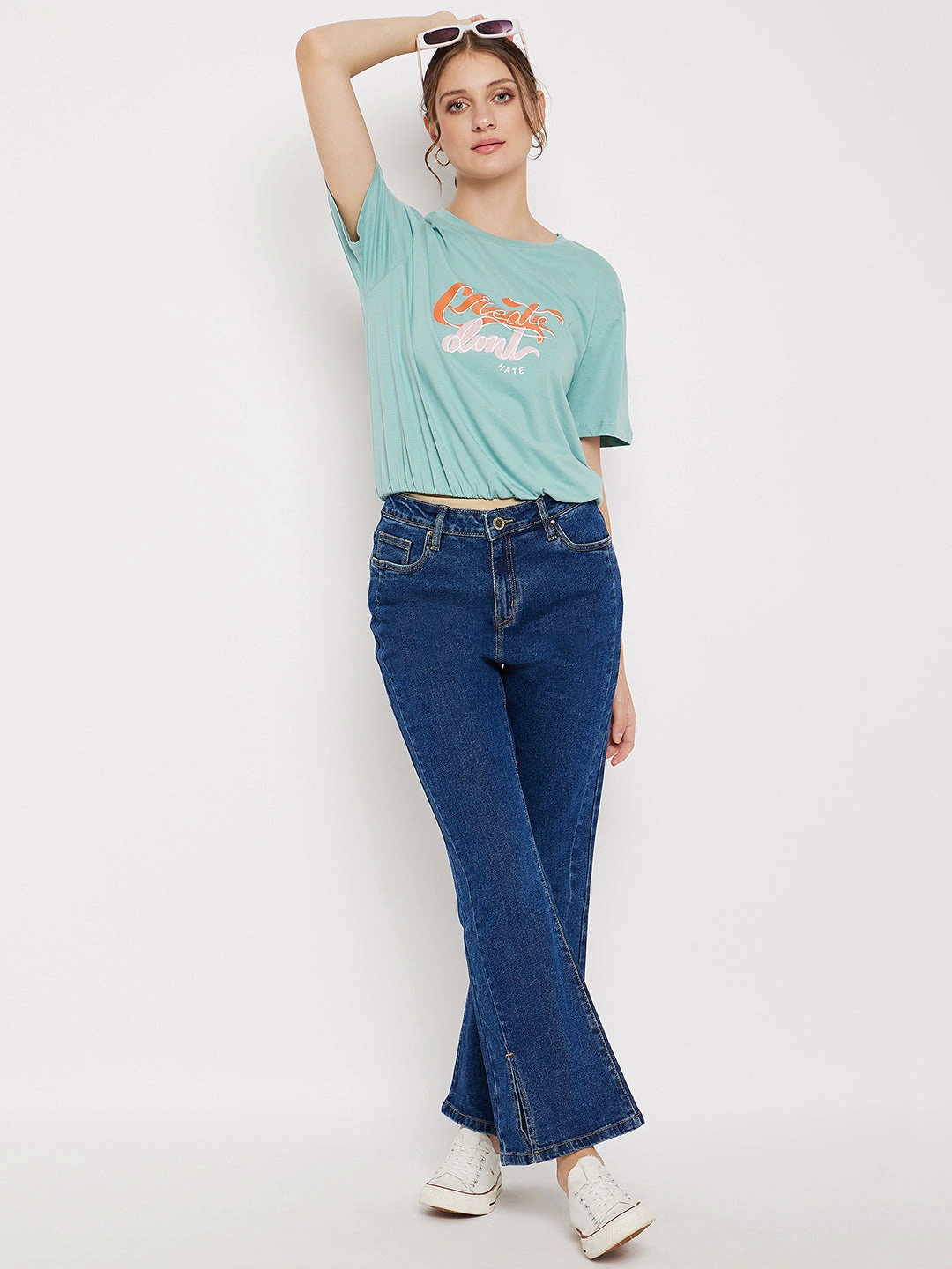 Madame Crew Neck Green Printed T-Shirt Comfy and Versatile