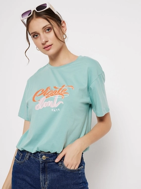 Madame Crew Neck Green Printed T-Shirt Flattering Design