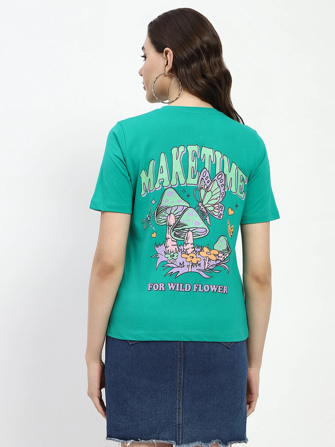 ThermalRegulation Cool and Breezy Madame Crew Necked Graphic Printed Green Cotton T-Shirt