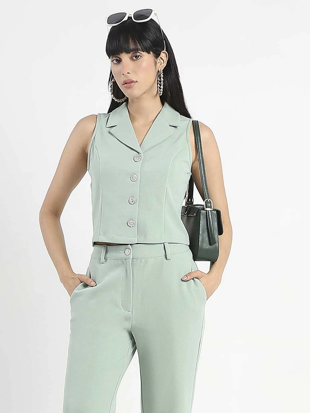 Madame Crop Top and Side Slit Trousers Knit Moss Olive Green Co-ord Set French Vibe Smooth Wear