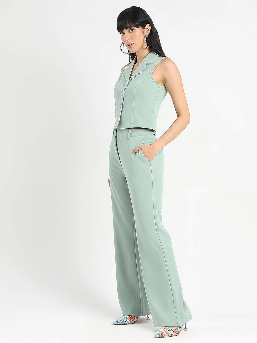 All Season Style Sharp Finish Madame Crop Top and Side Slit Trousers Knit Moss Olive Green Co-ord Set
