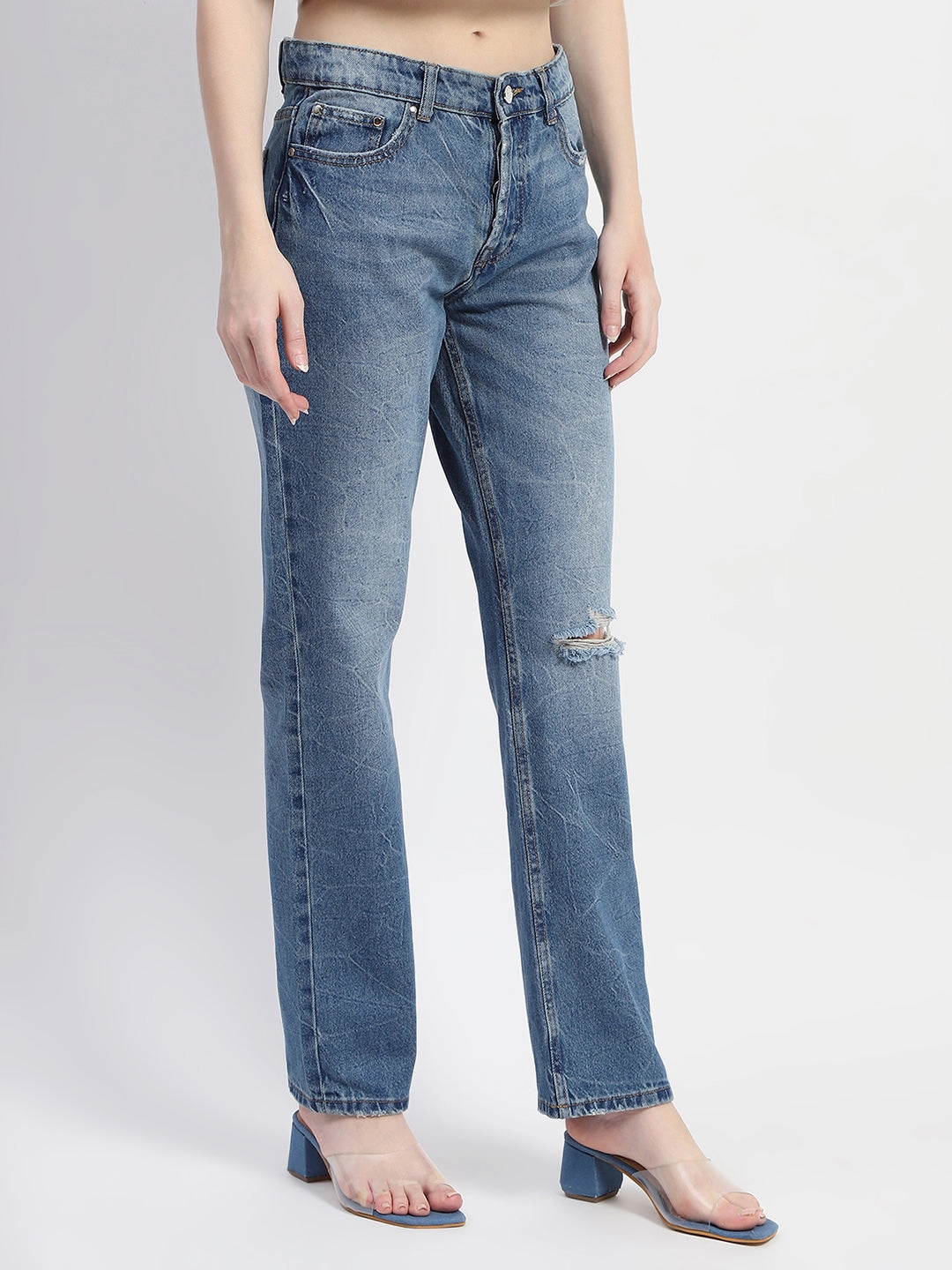 school wear Madame Crushed Ripped Blue Straight Denim