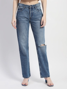 Seamless Pocket Design Madame Crushed Ripped Blue Straight Denim
