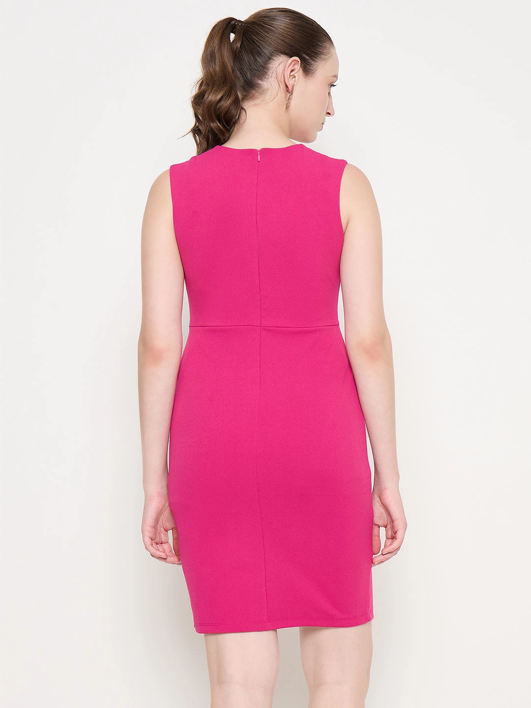Seasonal Style Madame Cut Detailed Sleeveless Solid Hot Pink Mini Dress