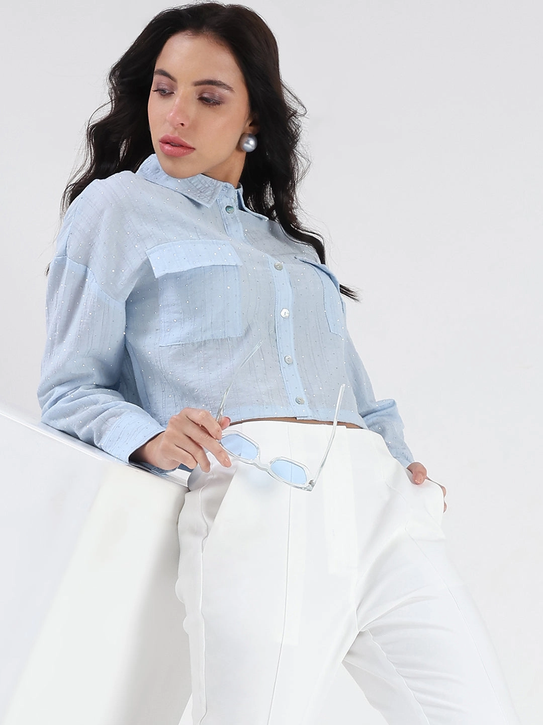 Layered Hemline Madame D-Ring Straps Shimmer Detail Ice Blue Shirt