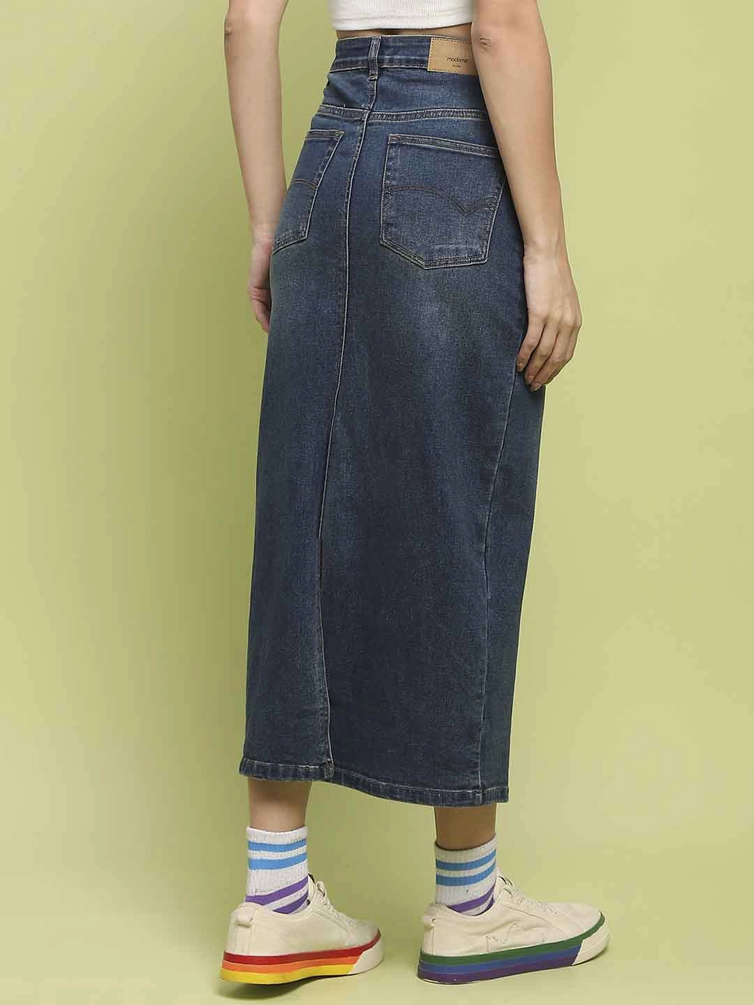 Soft Finish Madame Dark Blue Whiskered Cotton Midi Denim Skirt