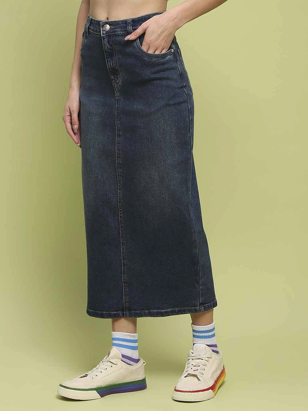 Madame Dark Blue Whiskered Cotton Midi Denim Skirt Calm Mood