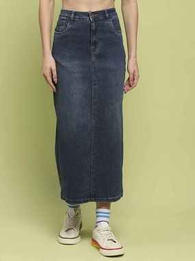 Madame Dark Blue Whiskered Cotton Midi Denim Skirt Stylish Choice