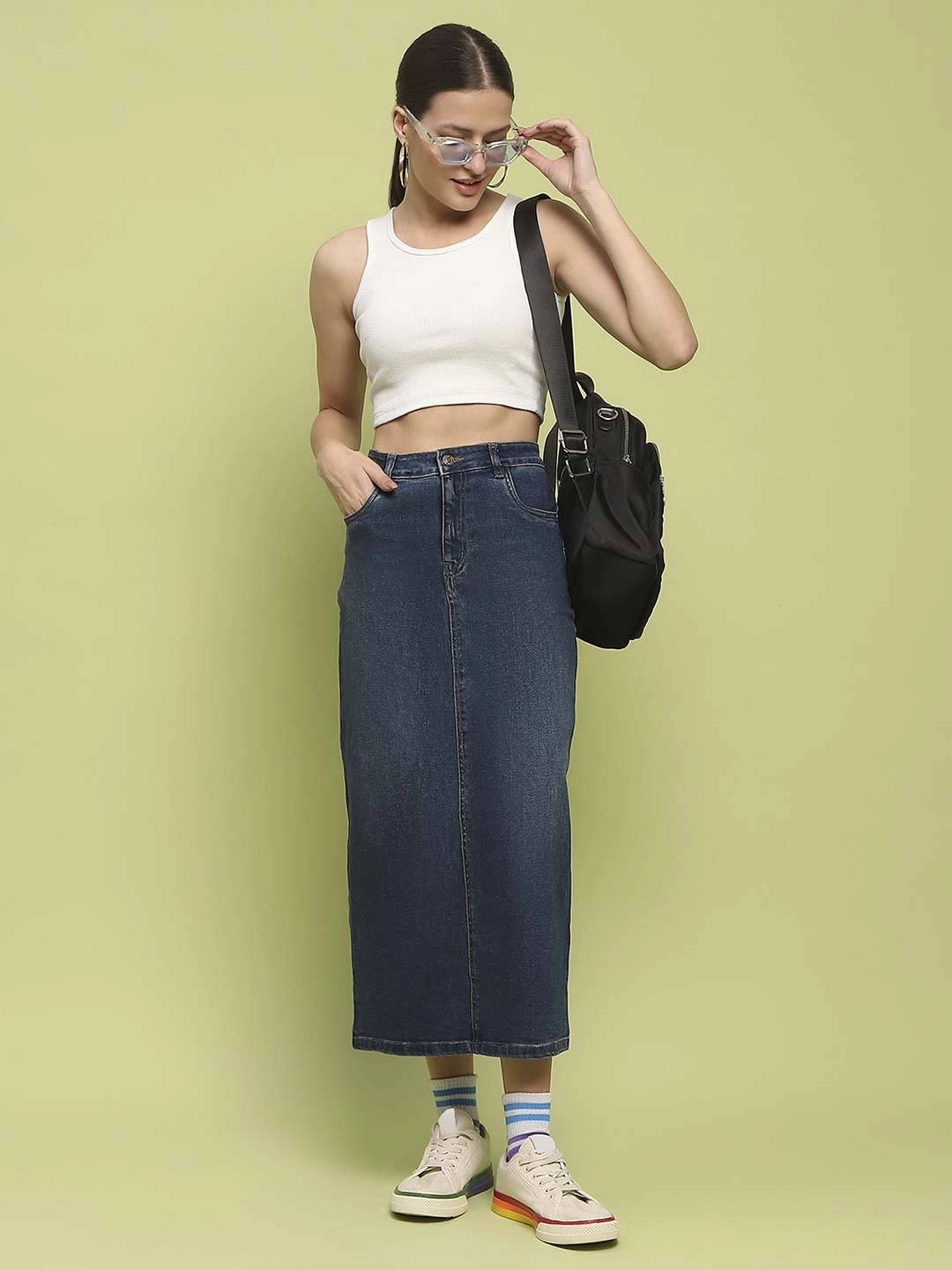 Outfit Lineup Design Detail Madame Dark Blue Whiskered Cotton Midi Denim Skirt