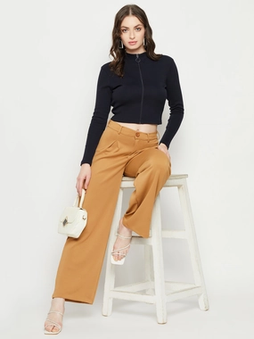 Adaptive Waistband Non Restrictive Collar Madame Dark Navy Ribbed Crop Top