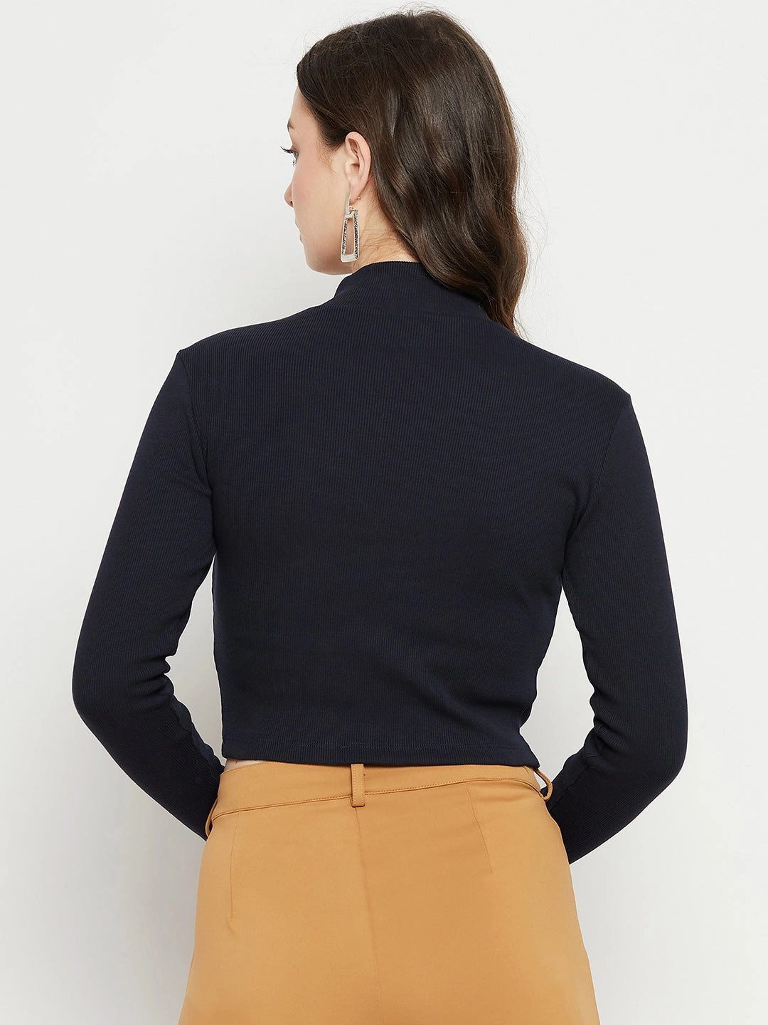 Madame Dark Navy Ribbed Crop Top NonChafe Tag Placement