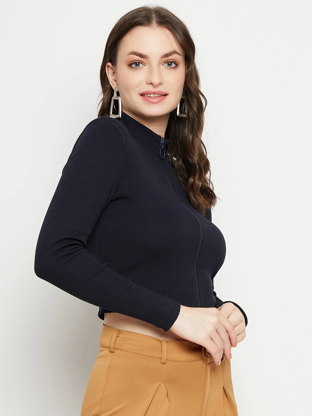 Madame Dark Navy Ribbed Crop Top Stretchable Blend
