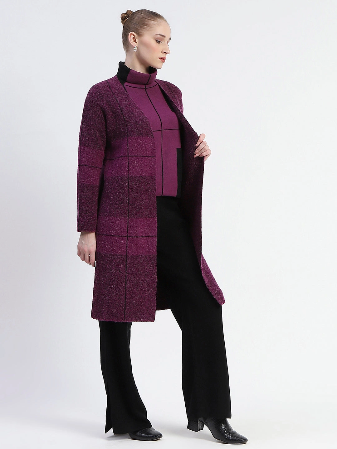 Light Weight button detail Madame Dark Purple Gingham Print Shrug With Top And Bottom Co-Ord Set