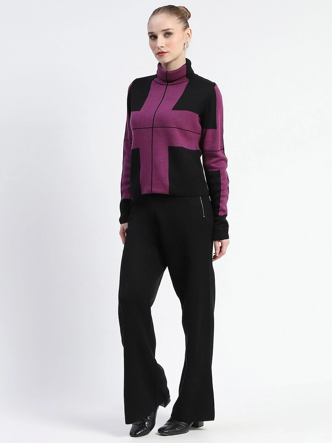Madame Dark Purple Gingham Print Shrug With Top And Bottom Co-Ord Set Chic beachwear dress Jewel-Tone