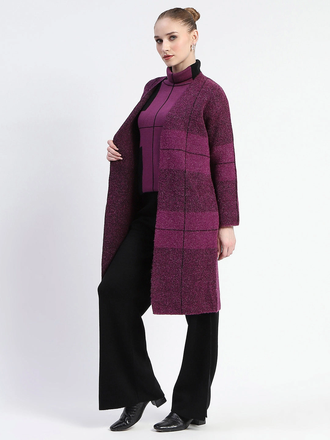 Sophisticated Layers Chic boho dress Madame Dark Purple Gingham Print Shrug With Top And Bottom Co-Ord Set