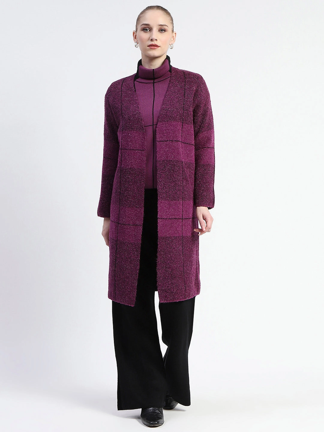 Piped-Edge Madame Dark Purple Gingham Print Shrug With Top And Bottom Co-Ord Set