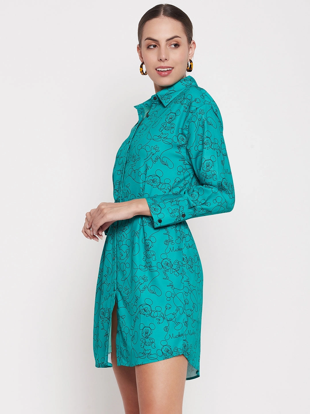 Subtle Glow Madame Disney Printed Belted Green Mini Dress