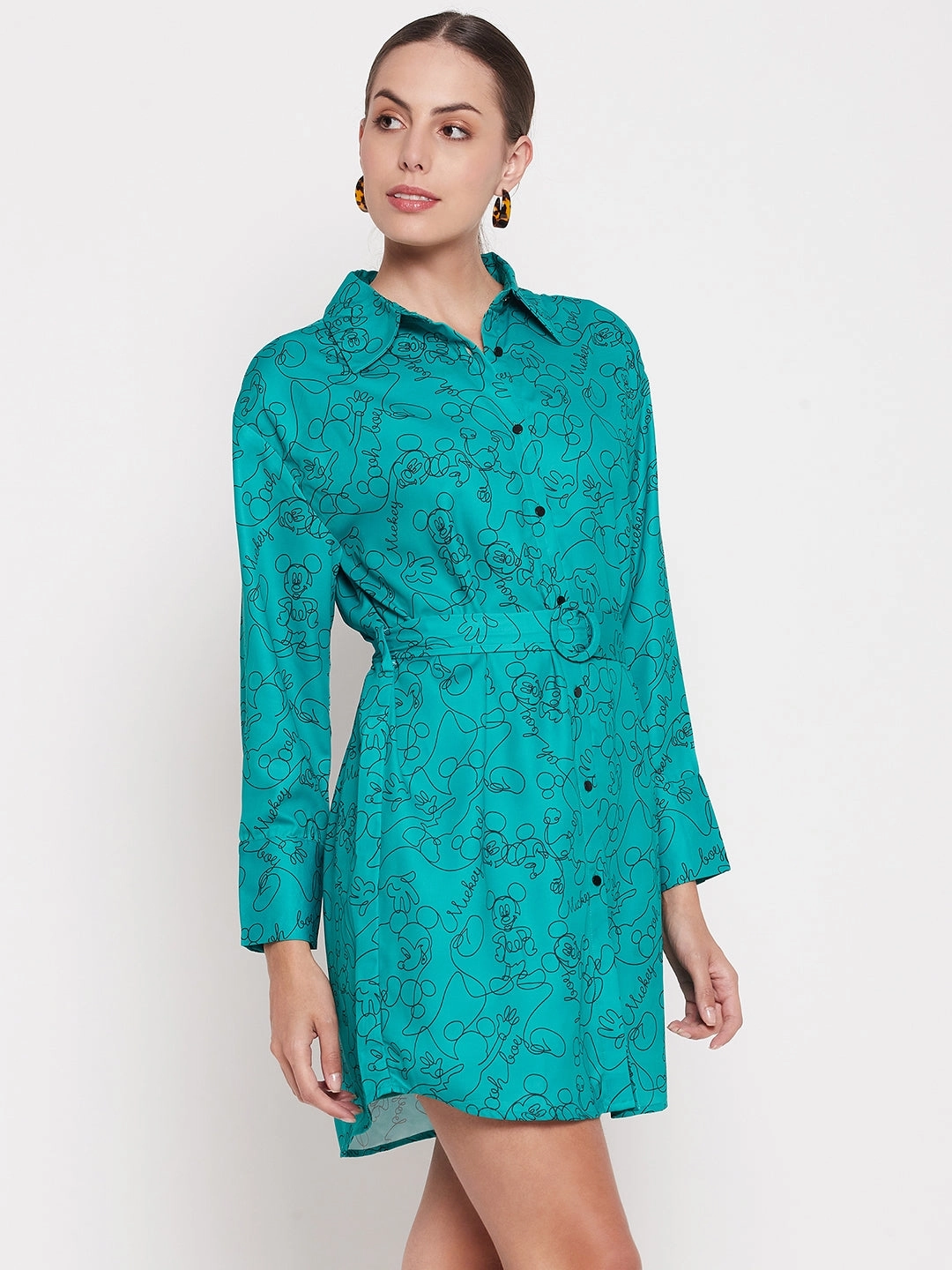 Comfortable and Fashionable Madame Disney Printed Belted Green Mini Dress