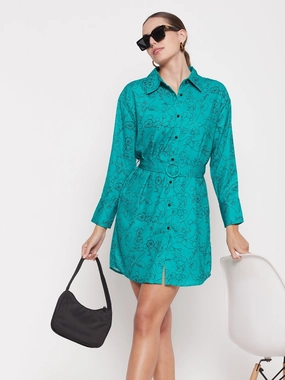 Madame Disney Printed Belted Green Mini Dress Straight-Cut