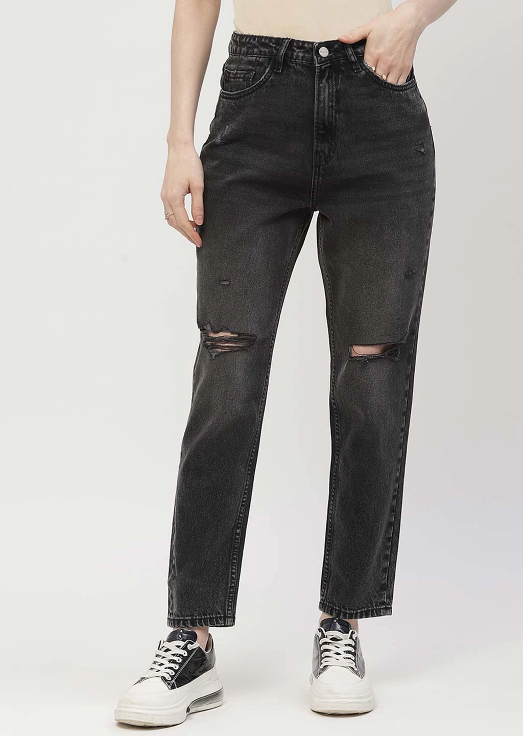 Madame Distressed Black Mom Fit Jeans comfortable option Cropped length