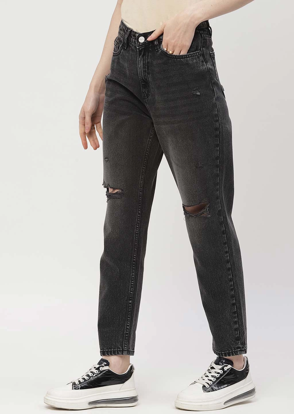Hypoallergenic Material Composition Sharp Comfort Madame Distressed Black Mom Fit Jeans