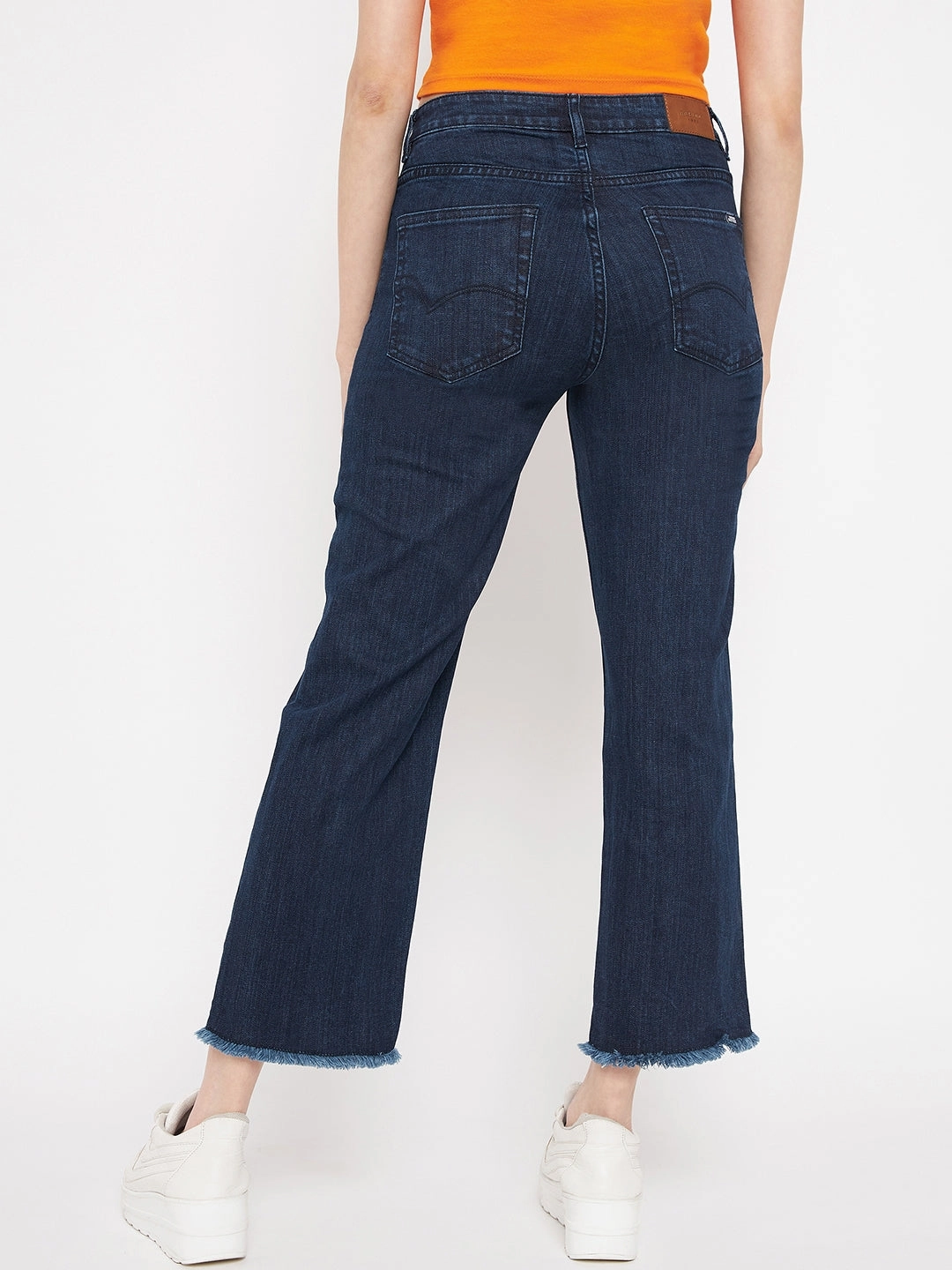 Barrel Leg Construction Madame Distressed Hem Solid Blue Denim