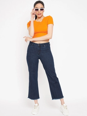 Madame Distressed Hem Solid Blue Denim No Gap Waistband Weather Proof