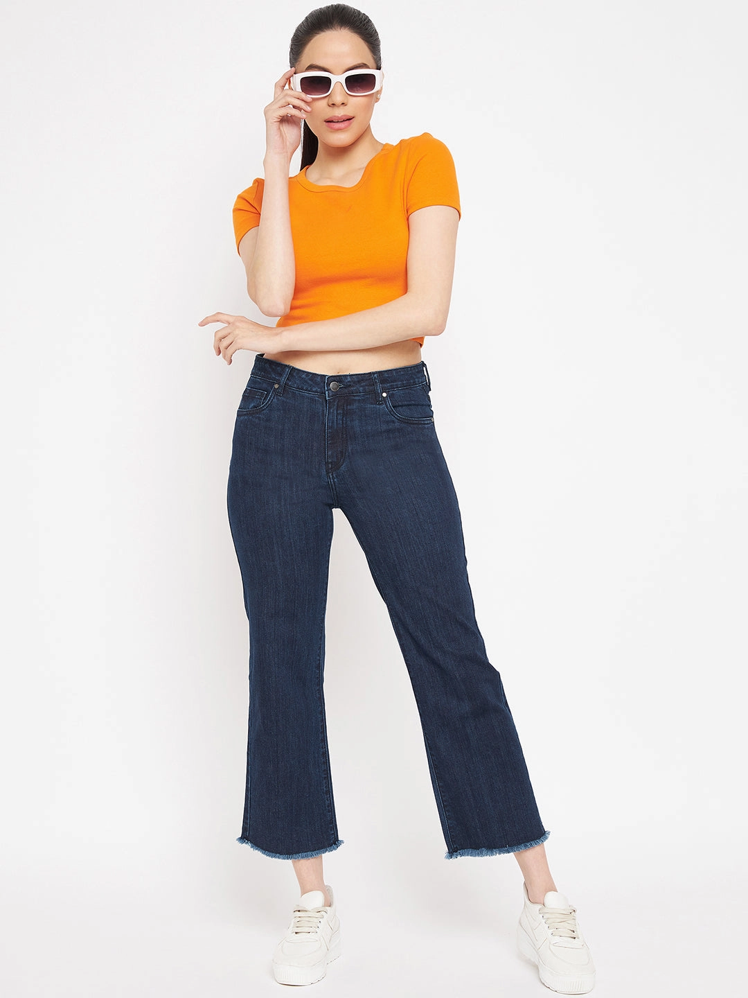 Madame Distressed Hem Solid Blue Denim No Gap Waistband Weather Proof