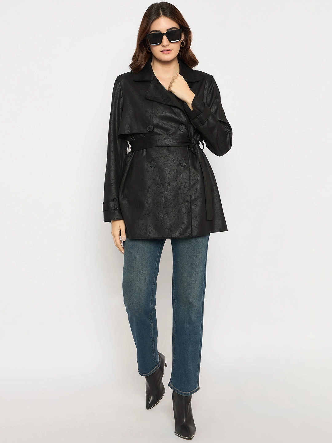 Eco Friendly Recycled Material Madame Double Breasted Belted Solid Black Trench Coat