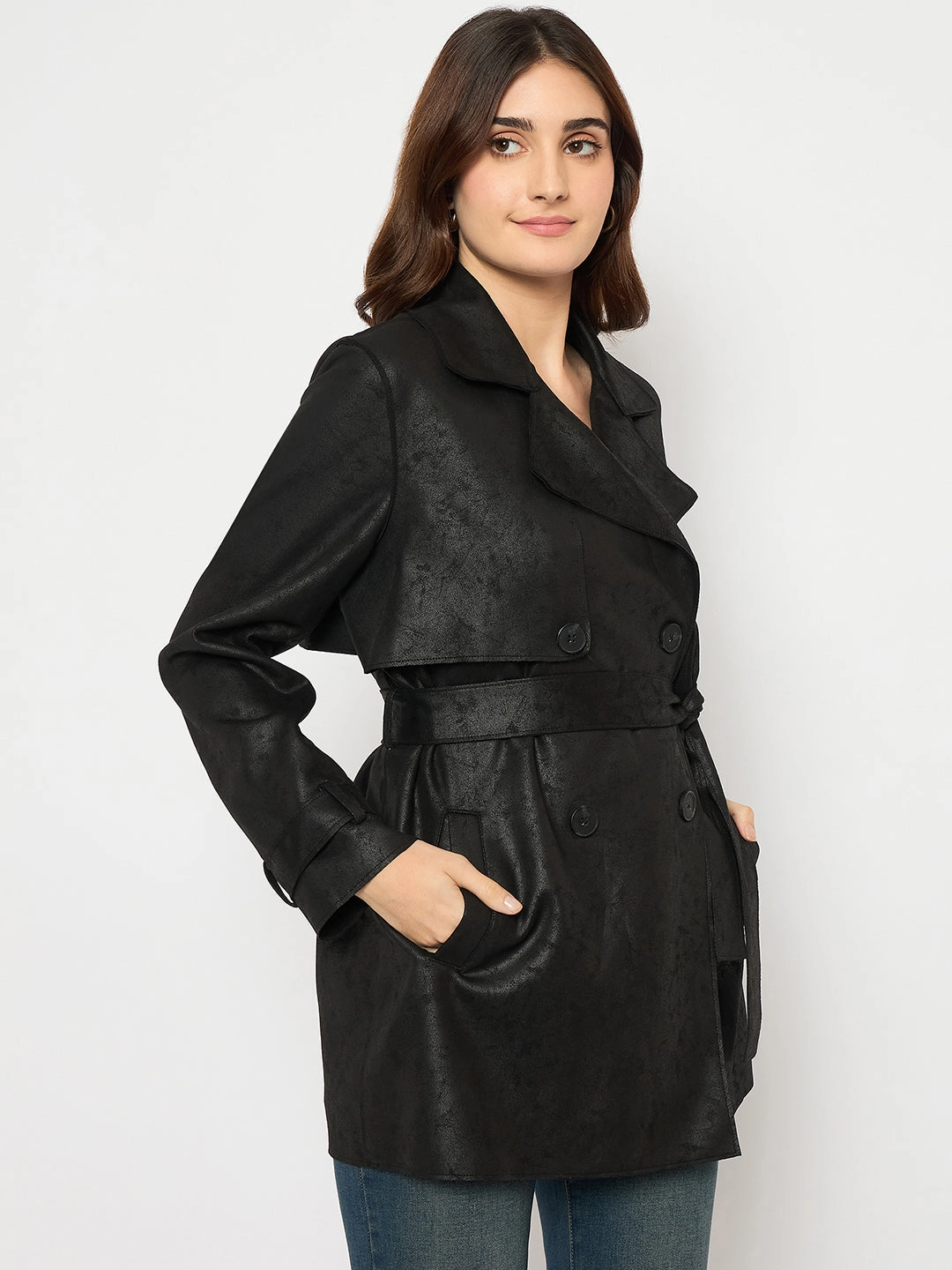Madame Double Breasted Belted Solid Black Trench Coat Transitional Weather Piece Stretchable Panels