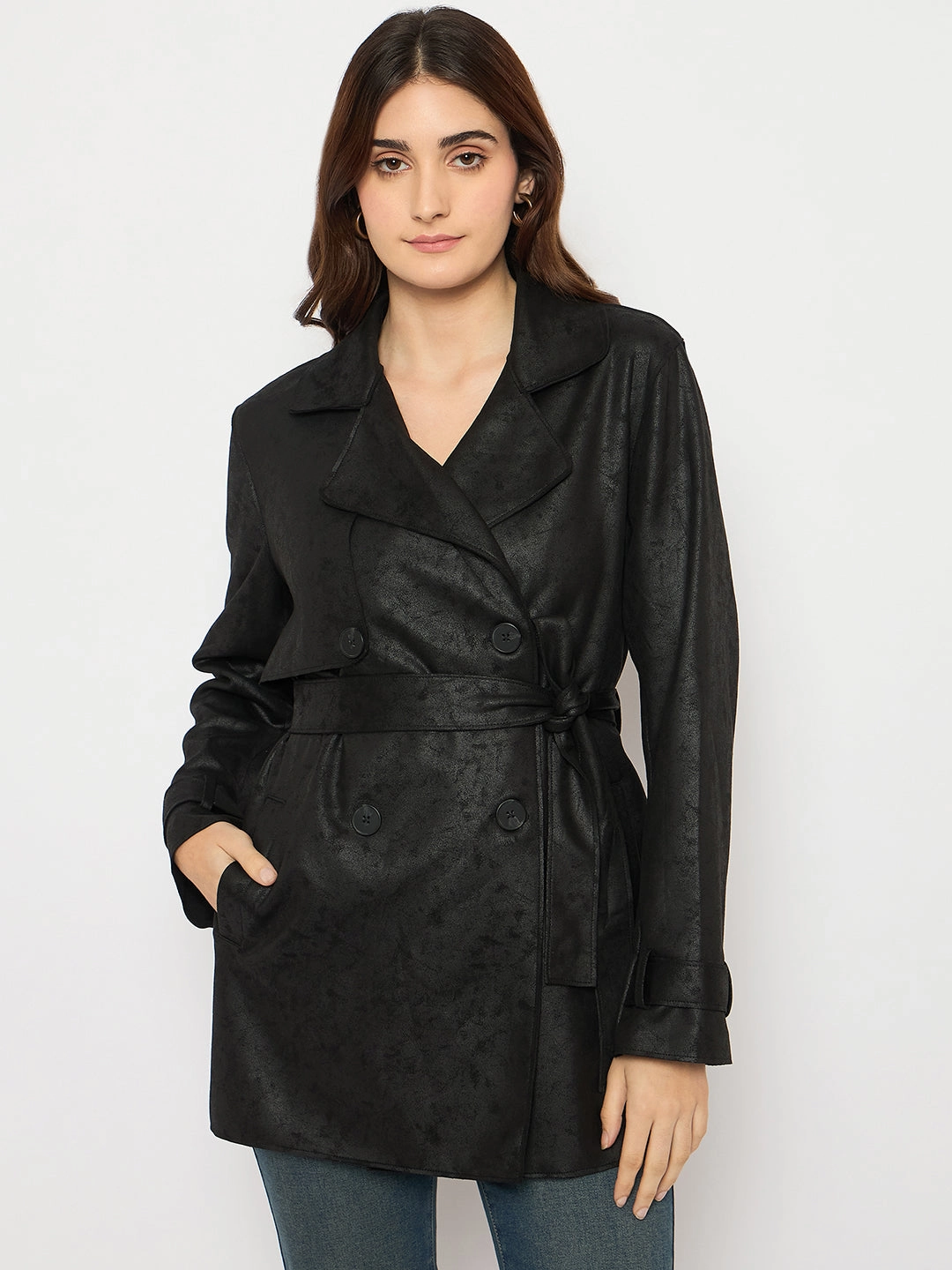 Layering Compatible Cut Madame Double Breasted Belted Solid Black Trench Coat