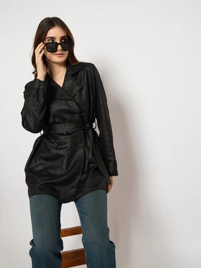 Madame Double Breasted Belted Solid Black Trench Coat Belted Waist
