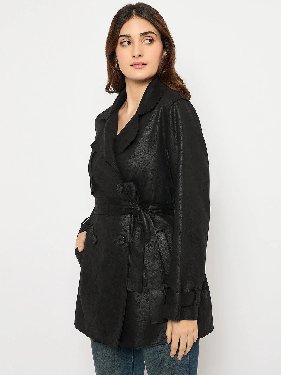 Madame Double Breasted Belted Solid Black Trench Coat Dry Fast Modular Attachments