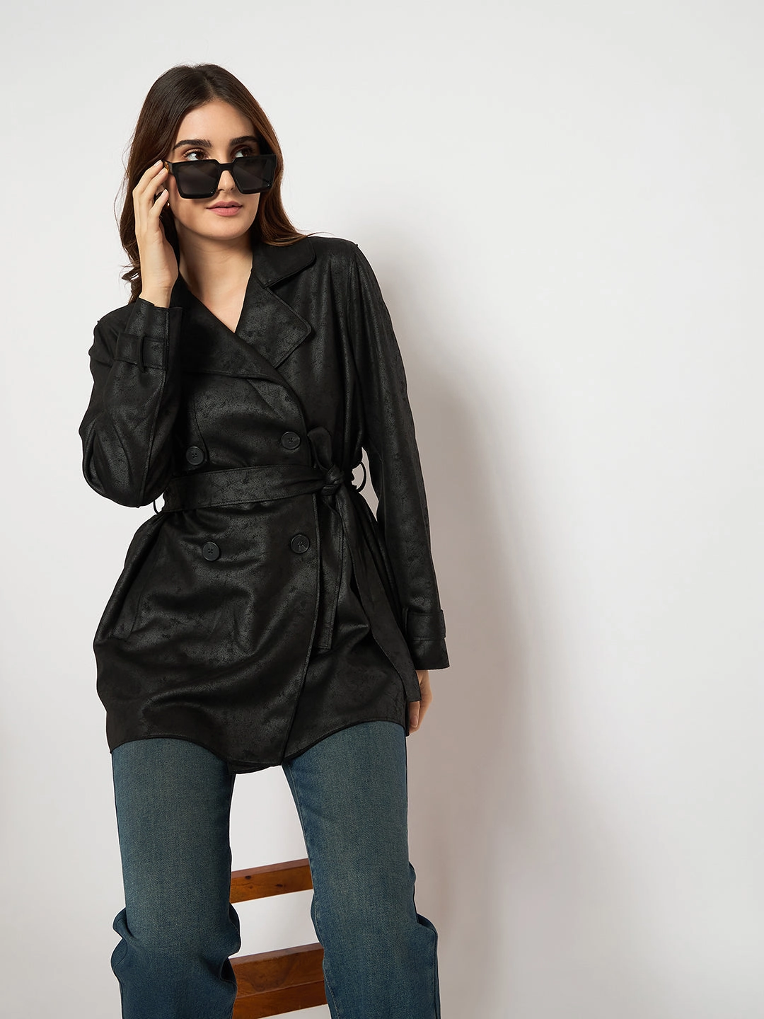 Madame Double Breasted Belted Solid Black Trench Coat Belted Waist