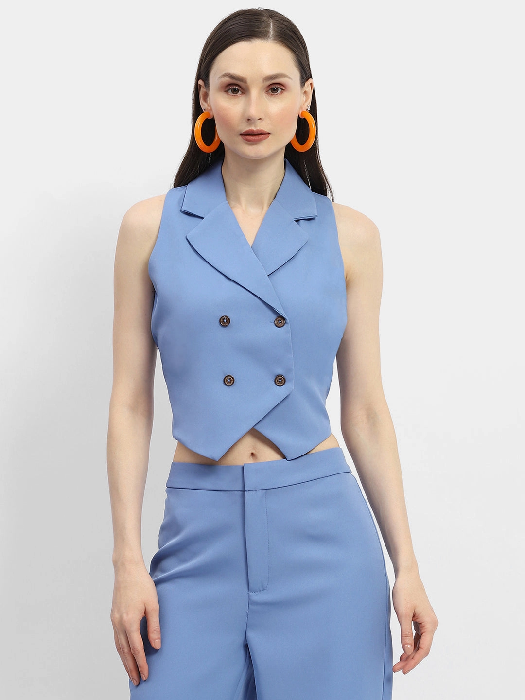 Compression Layer Madame Double-Breasted Sleeveless Blue Blazer