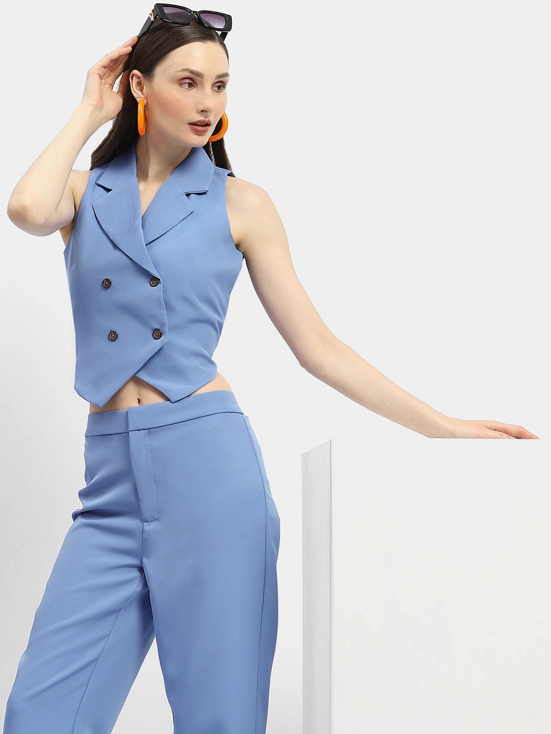 Functional Pocket Madame Double-Breasted Sleeveless Blue Blazer