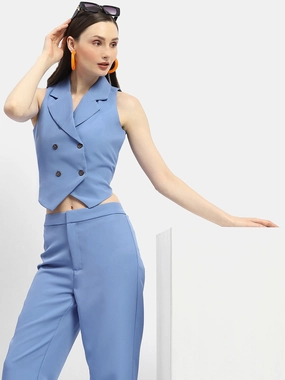 Functional Pocket Madame Double-Breasted Sleeveless Blue Blazer