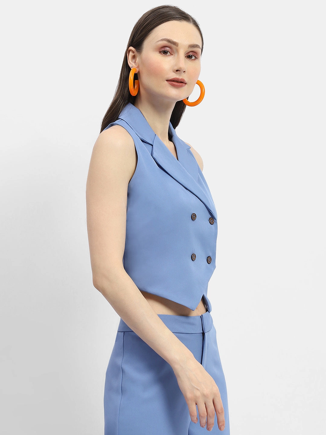 Reinforced Stress Points Hiking Trail Outfit Madame Double-Breasted Sleeveless Blue Blazer