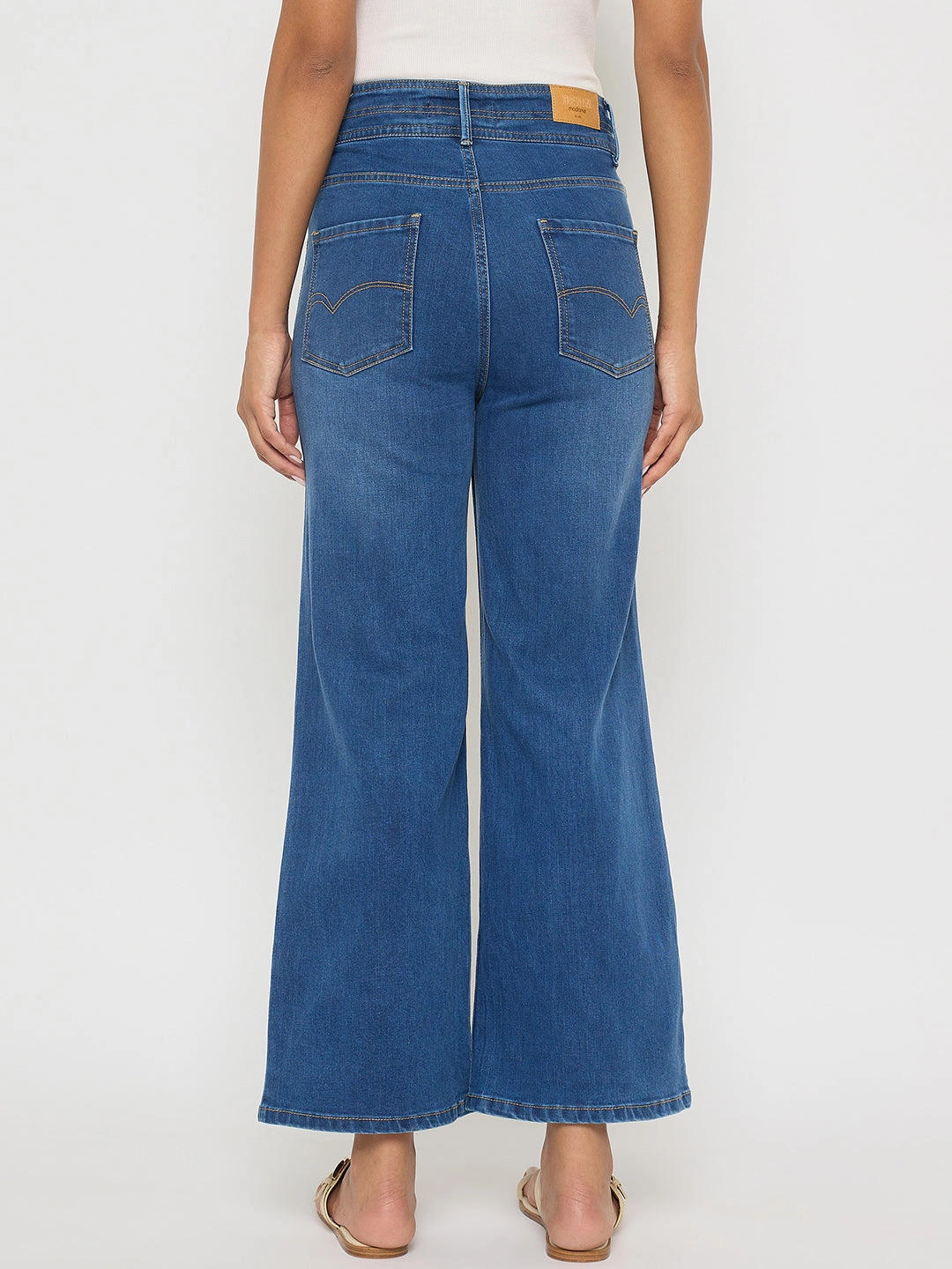 Zero Waste Pattern Design Madame Double Waisted Whiskered Wide Leg Mid Blue Jeans