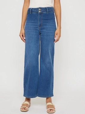 Loose Modern Minimalist Weekend Warrior Festival Outfit Smooth Madame Double Waisted Whiskered Wide Leg Mid Blue Jeans