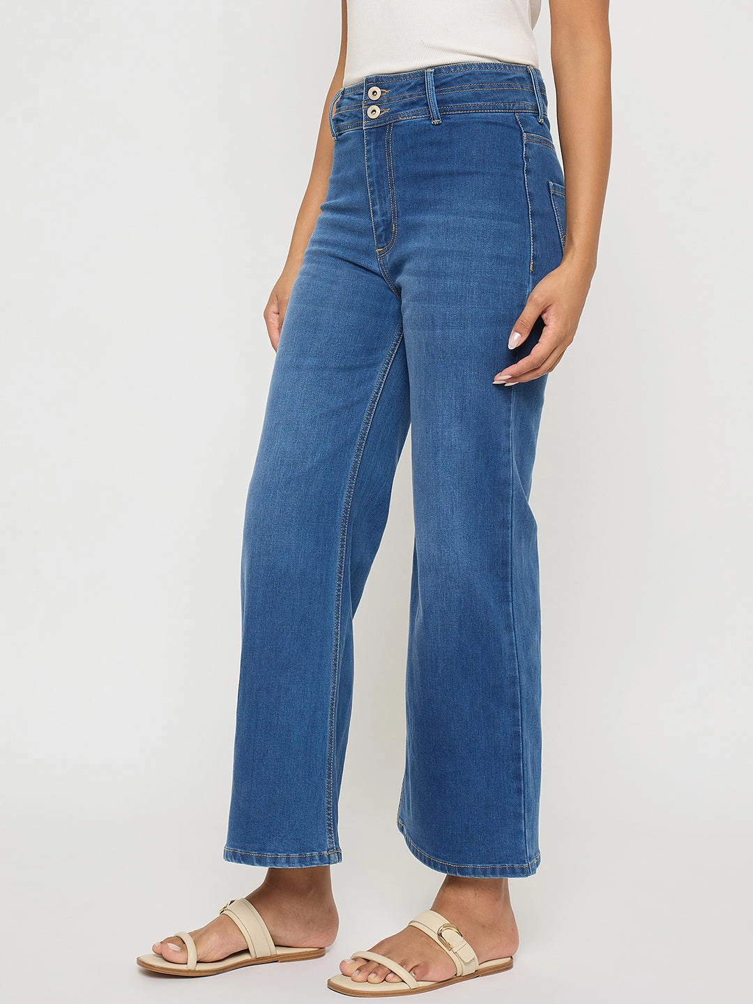 Madame Double Waisted Whiskered Wide Leg Mid Blue Jeans Family Style Gym Ready Daily Wear Daily Go
