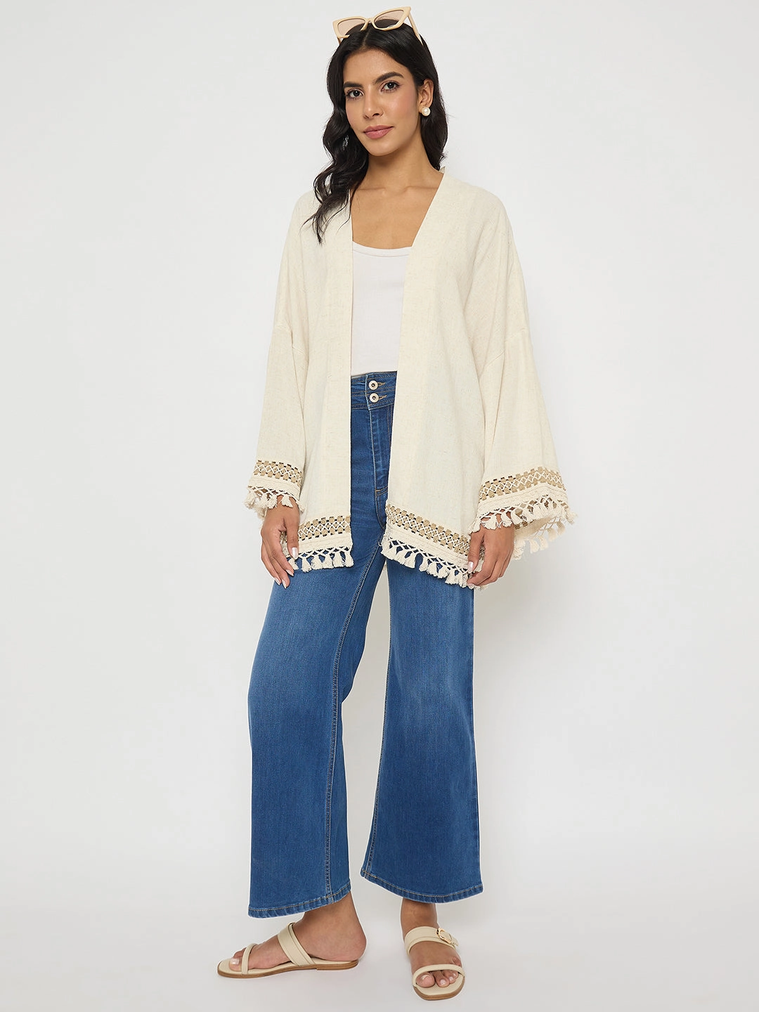 Madame Double Waisted Whiskered Wide Leg Mid Blue Jeans Daily Clothing