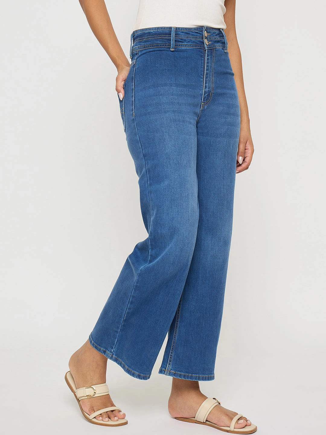 Family Style Slim Neutral Piece Madame Double Waisted Whiskered Wide Leg Mid Blue Jeans