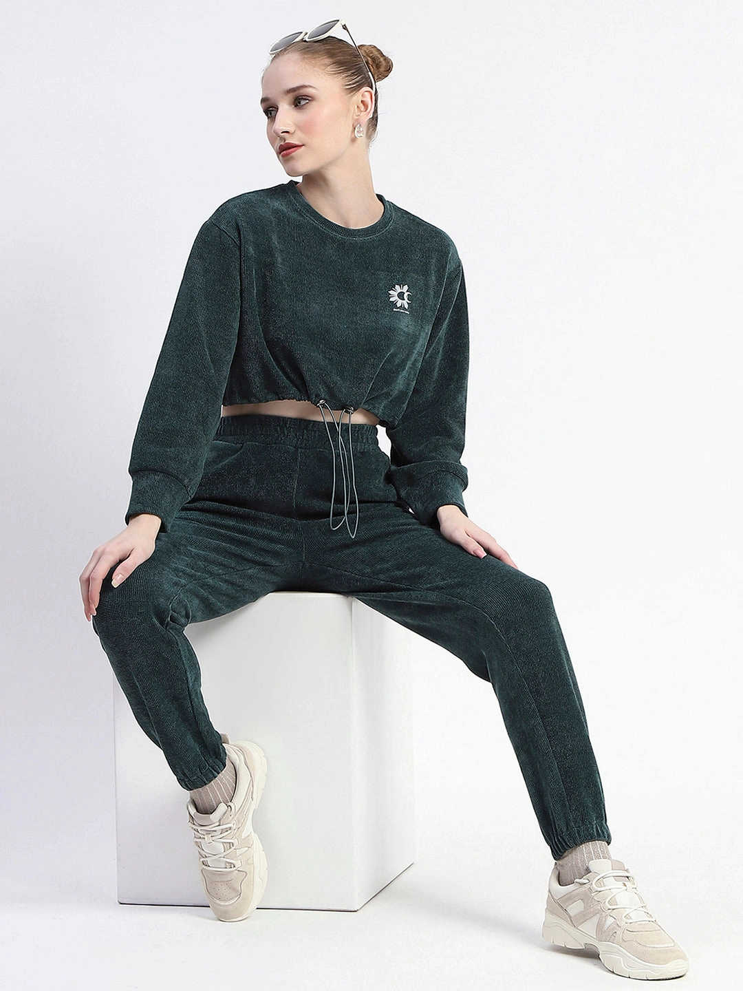 Madame Dusty Green Elasticated Waist Crop Sweatshirt And Bottom Co-Ord Set Fresh Texture