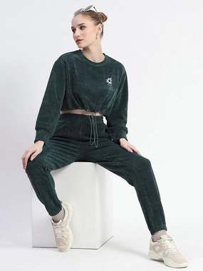 Madame Dusty Green Elasticated Waist Crop Sweatshirt And Bottom Co-Ord Set Fresh Texture