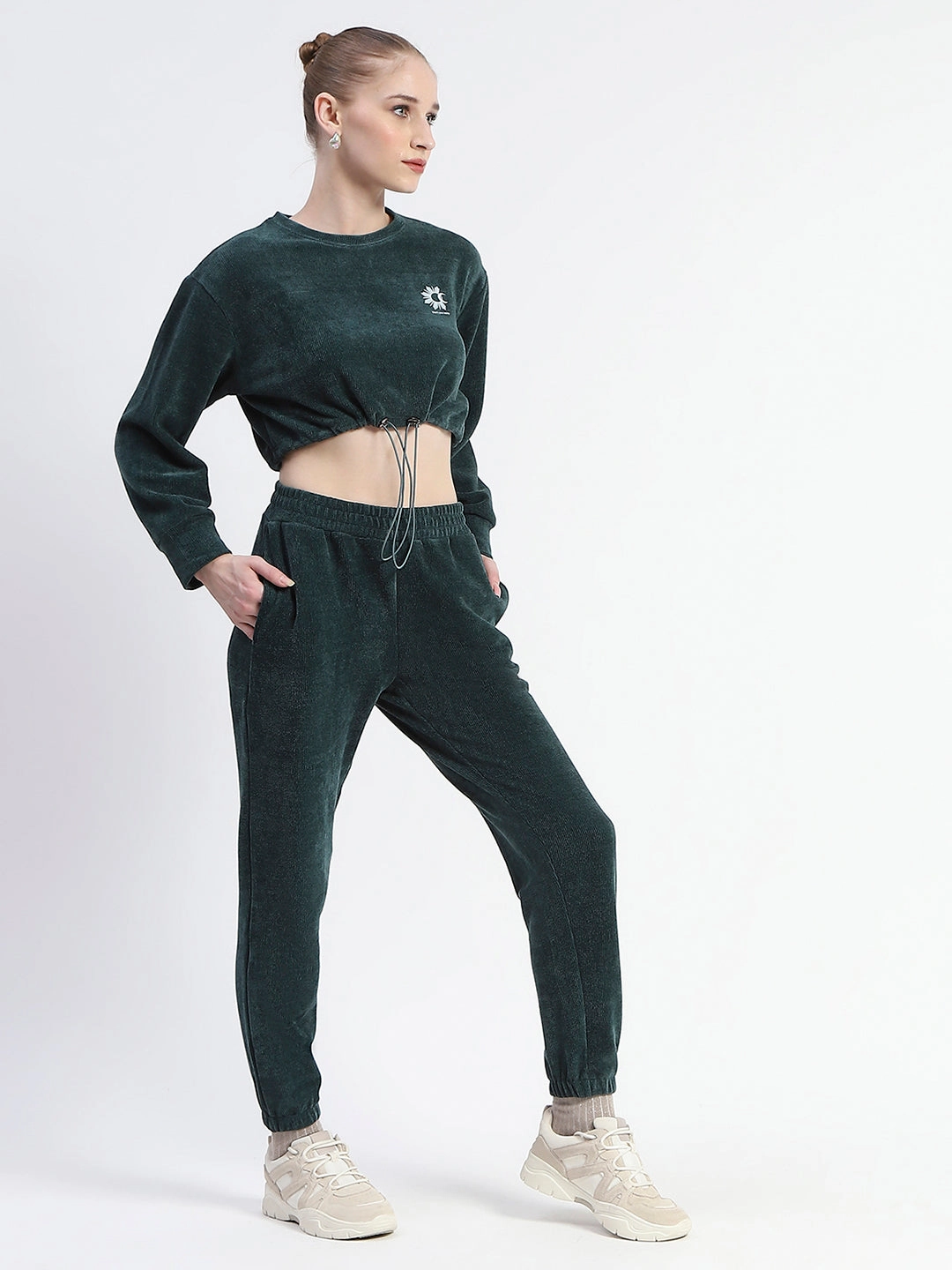 Travel Light Madame Dusty Green Elasticated Waist Crop Sweatshirt And Bottom Co-Ord Set