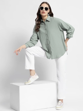 Travel Essential Wrinkle Free Care Madame Dusty Green Regular Full Sleeve Shirt