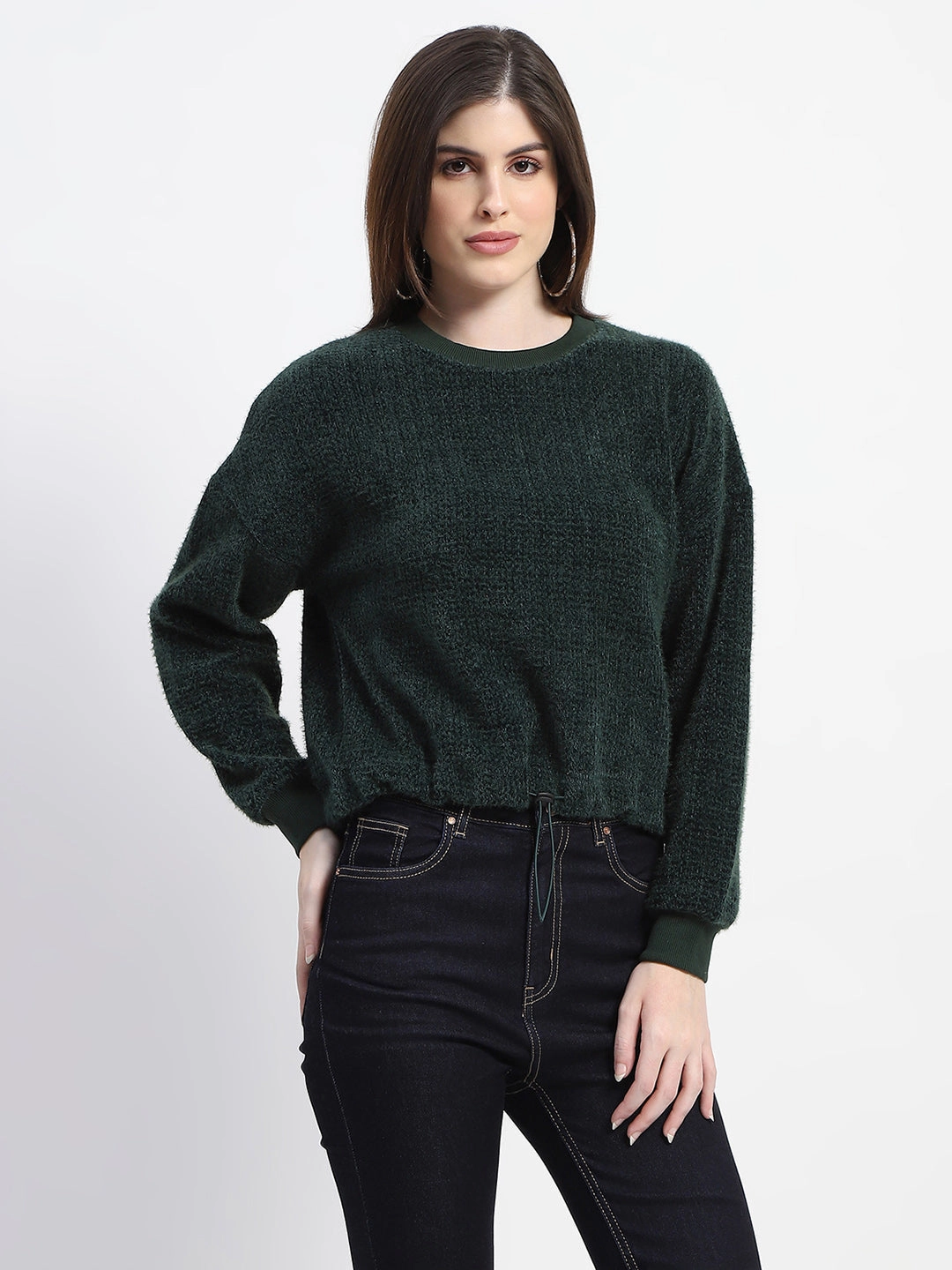 Loose Sweater Madame Elastic Pull Drawstring Bottle Green Top