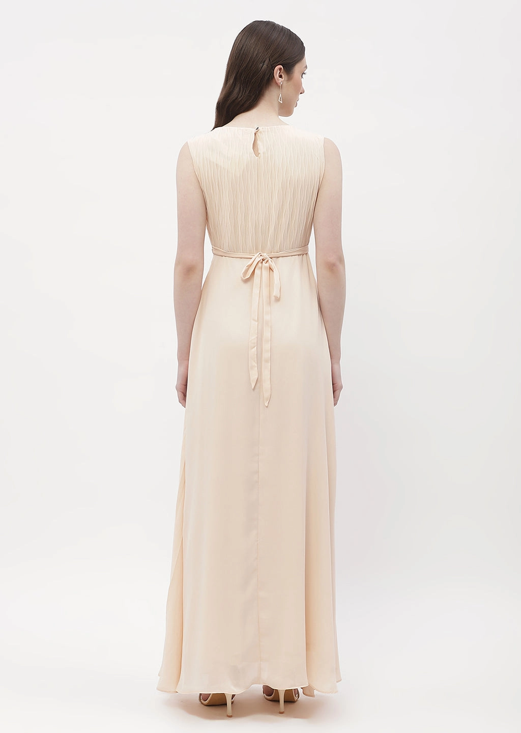 Modern Waist Design Madame Embellished Beige Crew Neck Maxi Dress
